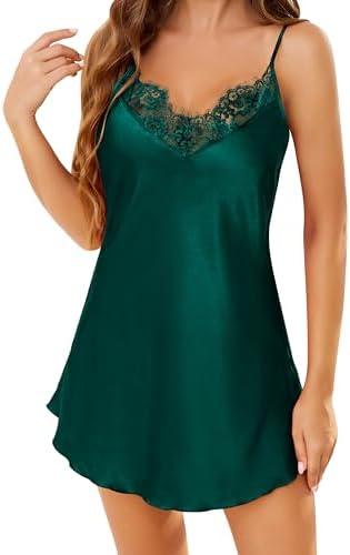 Lovasy Silk Nightgown for Women Lace V Neck Sleepwear Satin Slip Dress Sexy Lingerie Babydoll Chemise Negligee M Dark Green