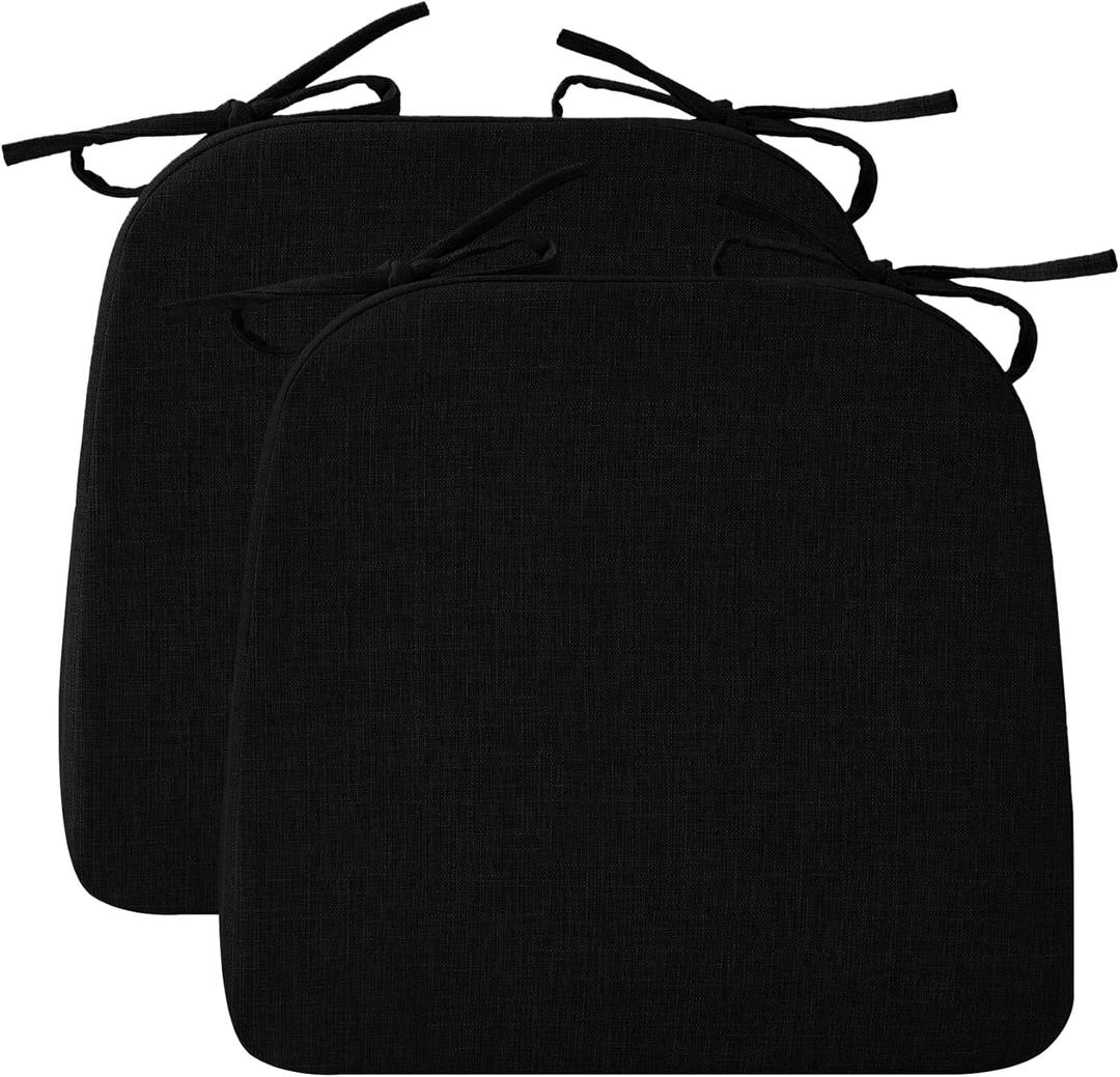 RUQMUISChair Cushions for Dining Chairs, 2" Thick Seat Cushions for Kitchen Chairs, D-Shaped Chair Pads with Washable Cover, Ties and Non Slip Backing, 17'' x 16'', Set of 2, Black