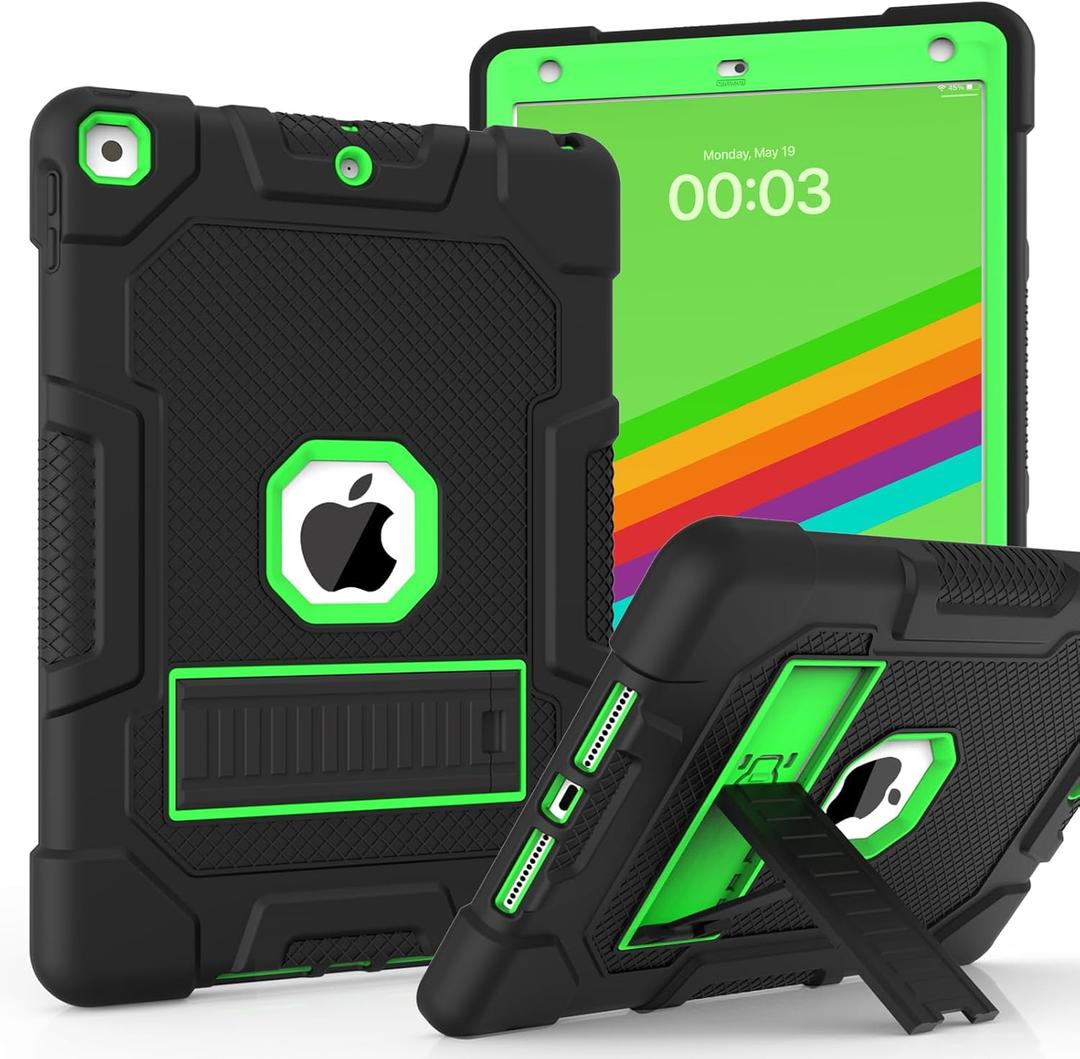 TIMISM Case for iPad 9th/8th/7th Generation(2021/2020/2019), Heavy Duty Military Grade Shockproof Rugged Protective 10.2" Cover with Built-in Stand for iPad 9 8 7 Gen, Black+Green