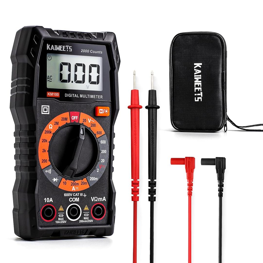KAIWEETS Digital Multimeter with Case, DC AC Voltmeter, Ohm Volt Amp Test Meter and Continuity Test Diode Voltage Tester for Household Outlet, Automotive Battery Test (Anti-Burn with Double Fuses) (KM100)