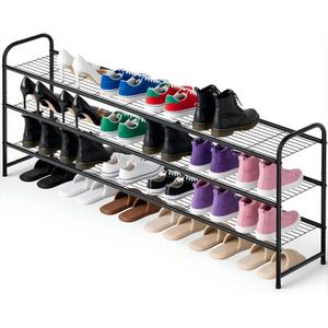 Ekisemio 3-Tier Long Metal Shoe Rack, Wide Stackable Shoe Organizer for Closet & Entryway, with Sturdy Wire Grid Storage Shelf for Bedroom, Black