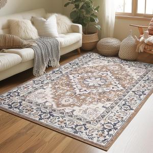 Lessymo 3 x 5 Area Rugs for Living Room- Machine Washable Area Rugs Boho Faux Wool Low Pile Area Rug for Bedroom Floral Medallion Vintage Rugs with Non-Slip Rubber, Kid & Pet Friendly,Brown Beige