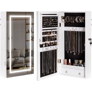 LAVIEVERT Jewelry Armoire with LED Lighted Mirror, Wall/Door Mounted Frameless Mirror with 3 Color Lights, Lockable Jewelry Cabinet Hanging Jewelry Organizer with 2 Drawers - White