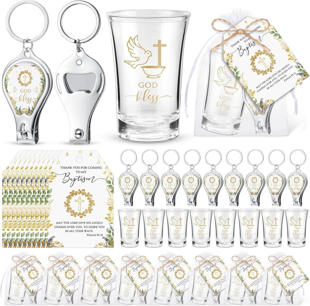 Bokon 12 Set Baptism Favors for Guests Bulk First Communion Favor God Bless Shot Glasses 3 in 1 Confirmation Favor Bottle Opener Nail Clipper Keychain Thank You Card Primera Comunion Recuerdos