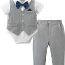 DISAUR Baby Boy Clothes Toddler Boy Outfits 4PCS Gentleman Dress Romper/Vest/Pants/Bow Tie Cotton Suit Sets (3-6 Months, Grey 2)