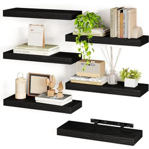 Fixwal 15.8in Black Floating Shelves, Set of 6 Wood Shelves, Farmhouse Shelf Wall Decor for Bathroom, Bedroom, Living and Kitchen Room