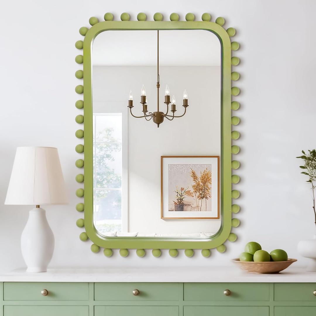 Bathroom Mirror for Wall with Wooden Beaded, 30"x20" Rectangular Solid Wood Vanity Mirror for Farmhouse, Bathroom, Bedroom Decor(Green)