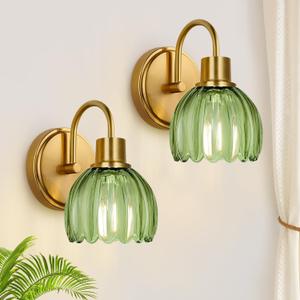 2-Pack Brushed Gold Bathroom Vanity Light, Single-Head Wall Sconce with Ribbed Green Tulip Glass Shade, Vintage Bathroom Light Fixtures for Bedroom, Hallway & Bedside (Bulbs Not Included)