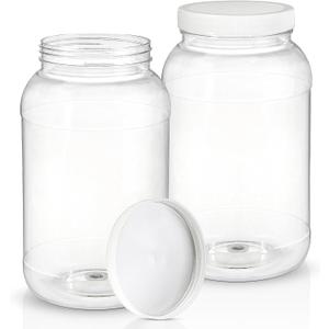 ZOOFOX 2 Pack Plastic Jars with Lids, 1 Gallon Wide Mouth Storage Containers, Empty Plastic Jars for Kitchen & Household Storage of Dry Goods, Peanut, Candy, Noodles