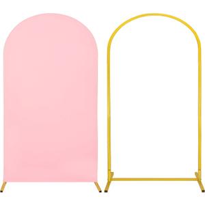 Metal Arch Stand and Cover Set,1 Pink Spandex Fitted Backdrop with 1 Gold Wedding Arched Stand Frame for Parties Birthday Baby Shower Bridal Banquet Decoration (7.2FT)