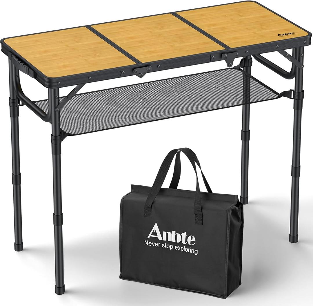 Anbte 3ft Camping Table Foldable with Storage Net and Bag, 3 Adjustable Heights High 27.5" Aluminum Camping Table, Portable, for Outdoor Indoor Backyard BBQ Cooking Party Picnic Beach, Yellow
