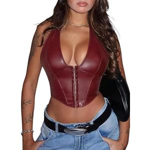 Floerns Women's Y2K PU Leather Halter Neck Hook Eye Backless Asymmetrical Party Crop Tank Top Size S