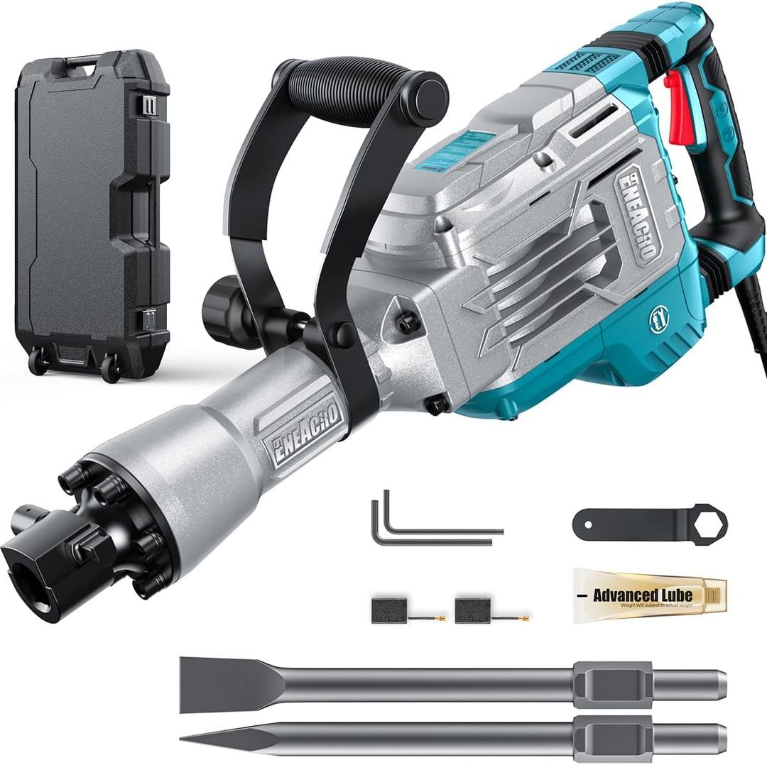 ENEACRO Demolition Jack Hammer 14.5Amp SDS-Hex Concrete Breaker, 65 Joules Heavy Duty Chipping Hammer Cement/Pavement/Floor Breaker, with 2pcs of chisels and Carry box with Rollers (1700W)