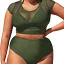 CUPSHE Women Swimsuit Plus Size Bikini Set Three Piece High Waisted Sheer Mesh Top Halter Ruched Bottom (Forest Green) XXL