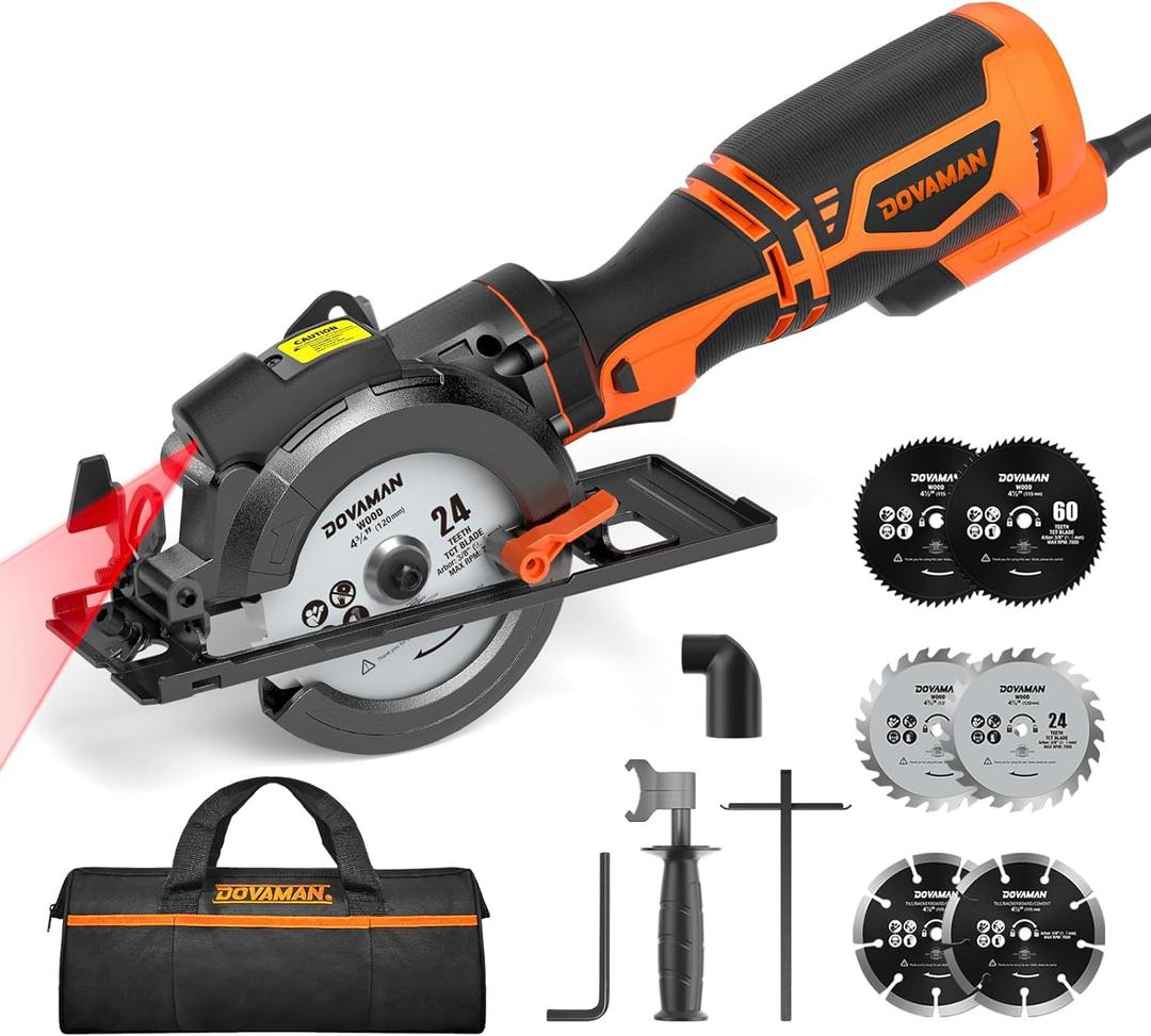 DOVAMAN Circular Saw, 5.8A 4-1/2" Circular Saw w/Laser, Metal Auxiliary Handle, 6 Blades (4", 4"), Cutting Depth 1-11/16" (90), 1-3/8" (45), Ideal for Wood, Soft Metal, Plastic, Tile - MCS01A