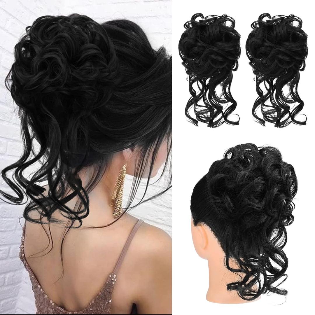 HOOJIH 2 Pack Messy Bun Hair Piece, Wavy Curly Hair Wrap Ponytail Hairpieces, Black