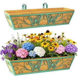 2 Pack 24 Inch Window Boxes Planter Railing Planters Box with Adjustable Brackets for Porch Deck Balcony Hanging Butterfly Decorative Flower Baskets & Non-Woven Fabric Liner for Outdoor Plants - Green