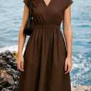 Sleeveless V Neck Midi Dress for Women Casual Summer Solid Smocked Waist A Line Flowy Dresses with Pockets (M)