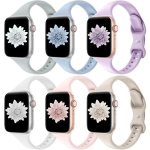 6 Pack Thin Slim Bands Compatible with Apple Watch 38mm 40mm 41mm 42mm 44mm 45mm 46mm 49mm Women Men, Replacement Soft Silicone Sport Strap for iWatch Series 10/9/8/7/6/5/4/3/2/1 Ultra SE (Succulent/Sky/Lavender/White/Light Pink/Starlight)