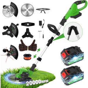 GVDV 20000 RPM Weed Wacker Cordless, 24V 6000mAh Batteries, 12 Brushless 3-in-1 Brush Cutter/Weed Eater/Grass Trimmer, Adjustable Length Lightweight String Trimmer for Yard and Garden, Green
