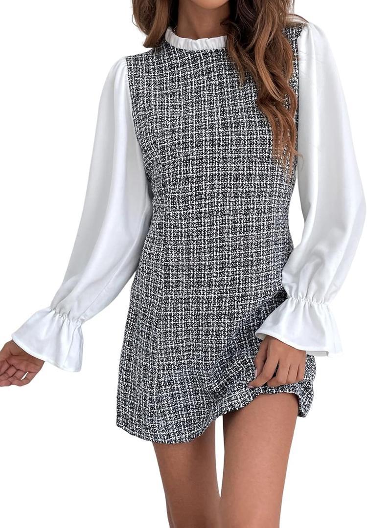 WDIRARA Women's Colorblock Plaid Stand Collar Flounce Sleeve Frill Trim Tweed A Line Mini Dress, S