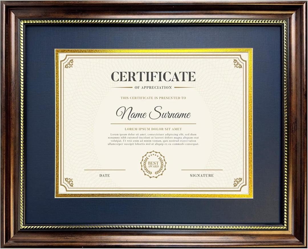 Diploma Frame 8.5 x 11 with Blue over Gold Mat or Display 11x14 Document without Mat Certificate Degree Graduation Gifts Mahogany with Gold Beads Wall Mount&Tabletop Display