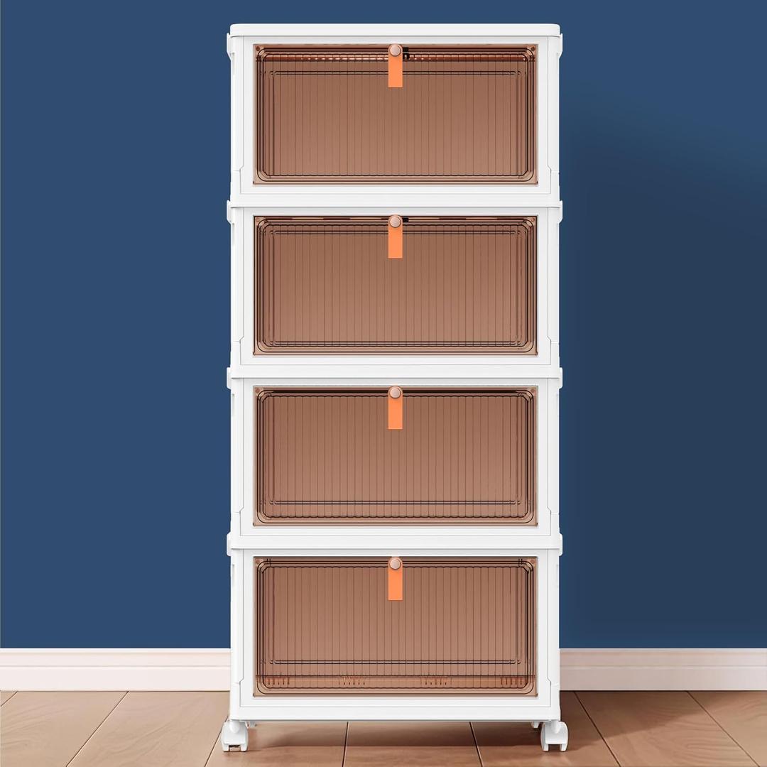 4 Tier Plastic Storage Bins and Boxes Organizer - Stackable with Lids for Bedroom, Living Room, Kitchen, Office - Foldable Containers (23Qt 4-Tier, White)