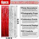 6 Pack Red Silver Foil Fringe Curtain Backdrop, 3.28Ft x 8.2Ft Metallic Tinsel Foil Fringe Streamer Curtains for Photo Booth, Birthday, Wedding, New Year Party Decorations