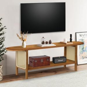 Bamboo TV Stand for TVs up to 65", Accent Entertainment Center with Storage, Media Console Table with Rattan, Modern TV Stand for Living Room, Bedroom, 55"(L), Walnut