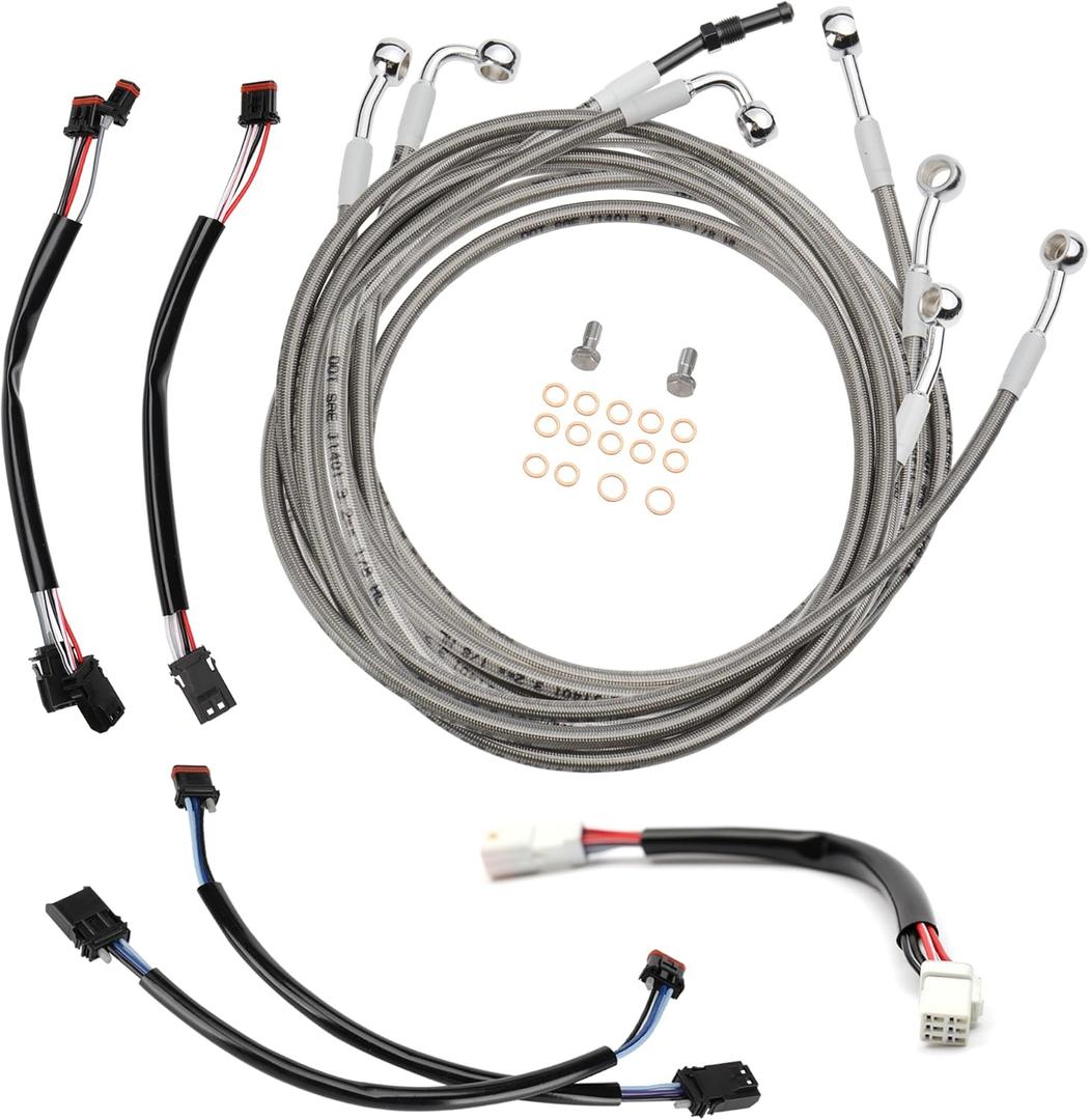 MoKitDora Touring Handlebar Extended Cable Kit Brake Line Clutch Cable CAN-Bus TBW Turn Signal Wiring Harness for 2017-2020 Harley FLTR FLHR FLHX FLHT w/ABS (Hydraulic Clutch) 16" Handlebar, Chrome