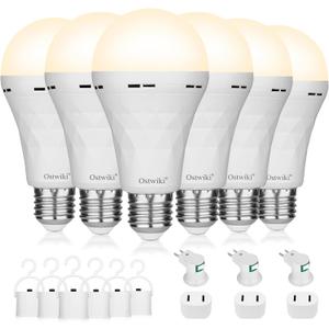 Rechargeable Light Bulbs, 1200mAh Led Battery Backup Bulb for Lamps 6 Pack Emergency Light Bulbs for Power Outage Hurricane Camping 9W 3000K A21 Warm Light Battery Operated Light Bulb E26