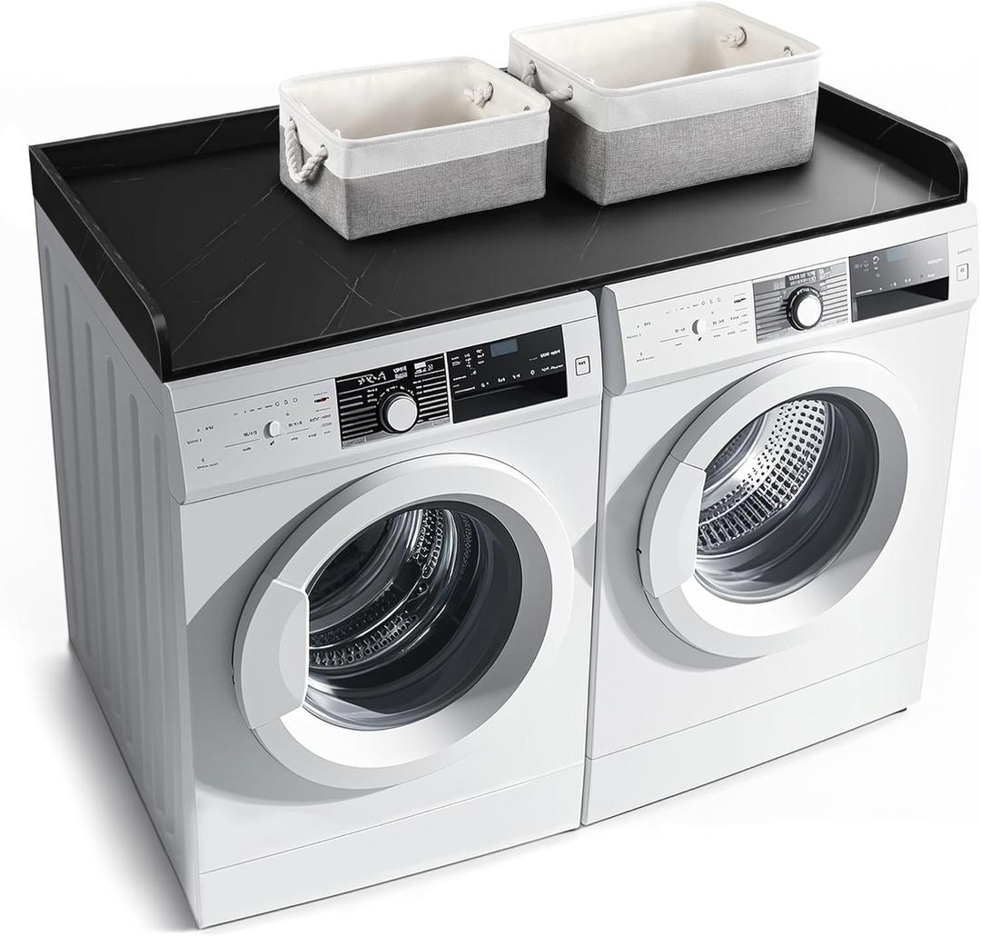 Washer Dryer Countertop with 2 Pack Storage Baskets, Wood Washer and Dryer Countertop with Non-Slip Pads/Edge Rails for Laundry Room Storage and Organization, 27.5" W x 54" L(Black Marble) (Countertop with Baskets)