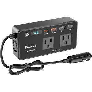 200W Power Inverter for Car DC 12V to 110V AC Converter with LED Display & 4 USB Ports (24W PD USB-C) Compact Vehicle Adapter for Laptop, Tablet, Phone Road Trip Essential