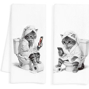 Funny Tabby Cat Bathroom Hand Towels, Cat Mom Dad Lover Gifts, Quirky Bathrobe Kitty Tabby Cats Hand Tea Towels for Guest Bathroom Washroom Toilet Decor, 16x24 Inch Set of 2