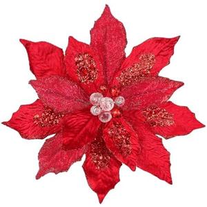 4 Pcs Poinsettia Artificial Christmas Flowers - 11.8" Christmas Flower Picks Large Red Glitter Ornaments Silk Floral Stems with Clips for Xmas Tree Decoration Wreath Garland Fireplace Stairs Decor