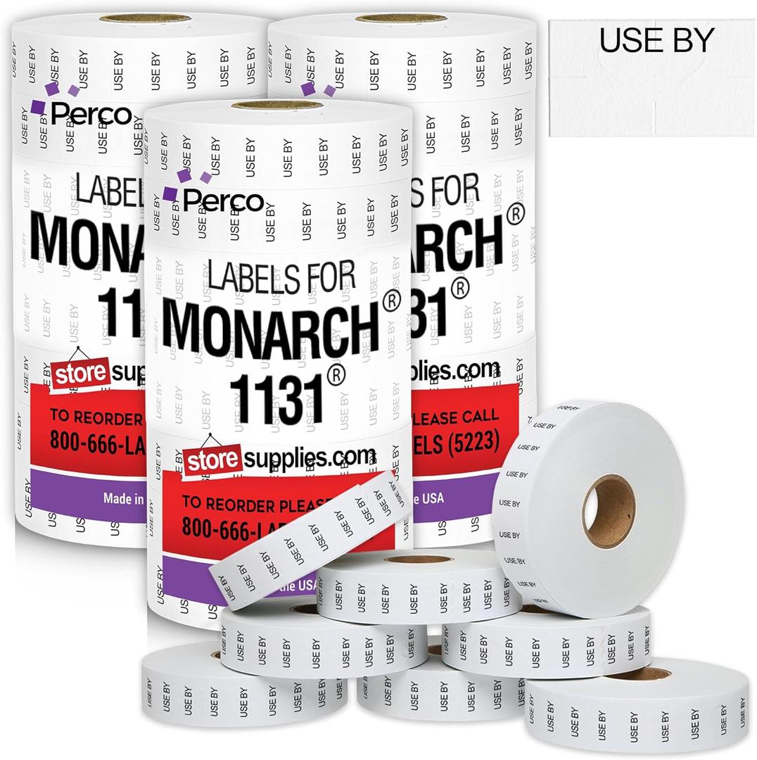 Perco Black Print on White USE by Labels for Monarch 1131 Price Gun - Buy 2 Sleeves Get 1 Free! 24 Rolls, 60,000 Labels - with Bonus Ink Rolls