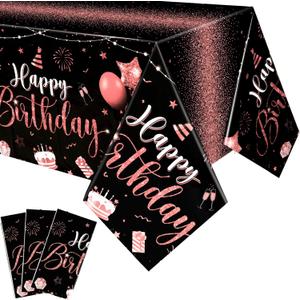 Tudomro 3 Pcs Happy Birthday Tablecloths Happy Birthday Party Decorations Plastic Table Cover Rectangular Cloths for Women Men Baby Shower Party Supplies, 108 x 54 Inch (Black Rose Gold)