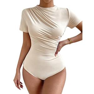 Milumia Women's Casual Ruched Mock Neck T Shirt Short Sleeve Tee Bodysuit Jumpsuit Beige M