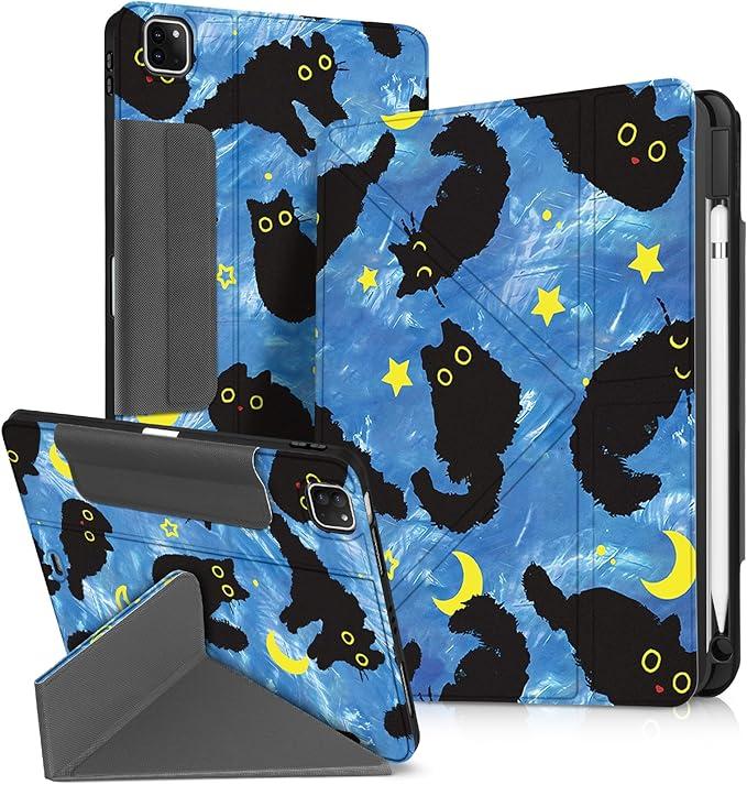 for iPad Air 11 Inch M3 2025 & M2 2024/Air 5th/4th Generation 10.9 Inch/Pro 11 Inch Case - with Pen Holder for Girls Boys Women Men Cute Cartoon Cool Anime Kawaii Fun, Blue Moon Cat