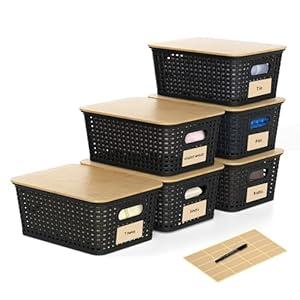 Wrrlors 6 Pieces Black Plastic Storage Baskets with Bamboo Lids with Labels Stackable Storage Containers for Organizing Shelves Drawers Desktop Closets Playroom Classroom Office