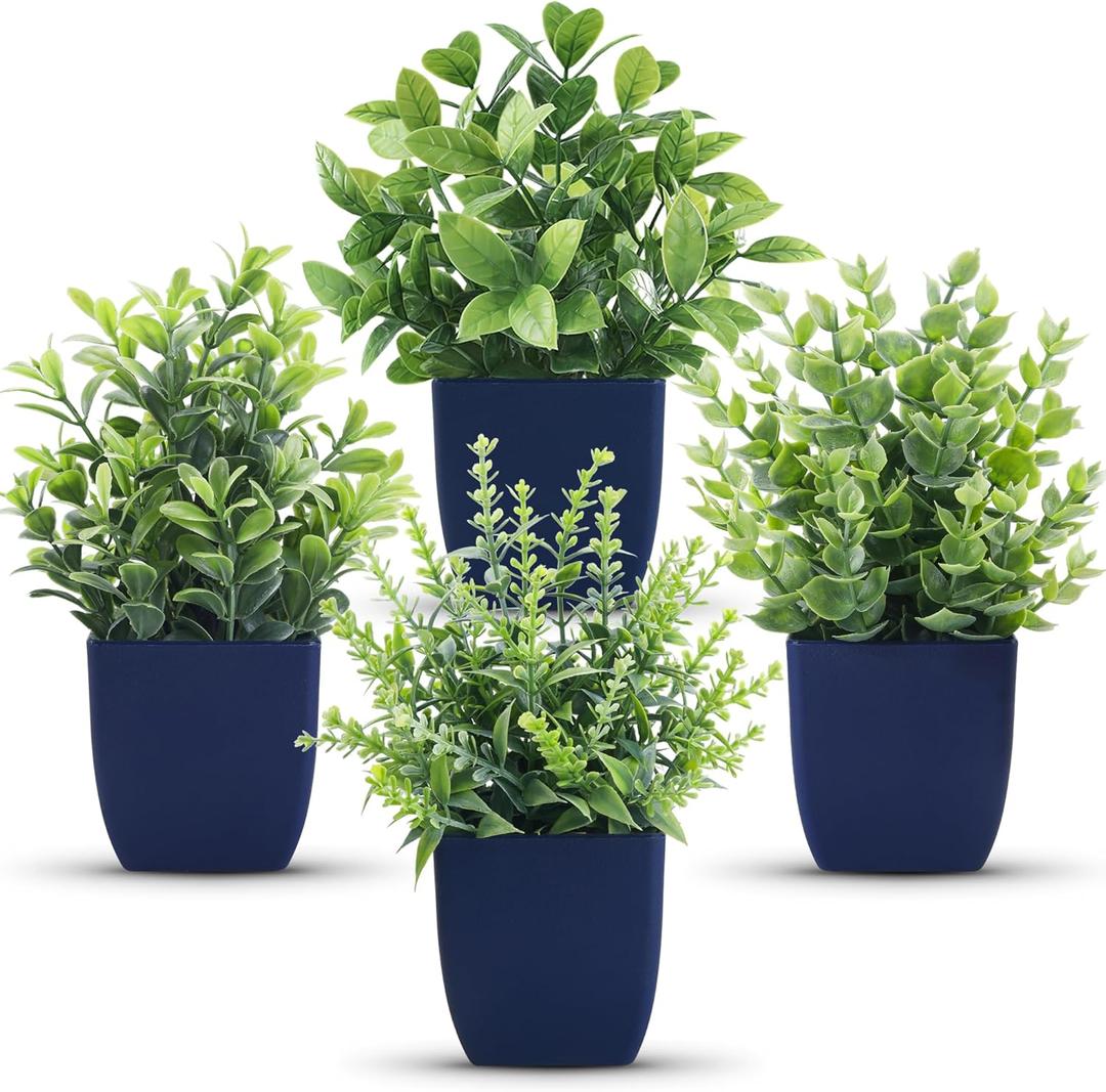 Der Rose 4 Pack Small Fake Plants Artificial Plants Indoor Office Desk Accessories for Aesthetic Room Decor Blue Bathroom Decor