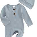 Infant Boys Girls Clothes Set Newborn Baby Romper Hat Ribbed Knit Long Sleeve Button Solid Bodysuit Jumpsuit (3-6 Months, Grey-blue)