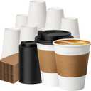 METAPRINT 100 Pack 12 oz Disposable Coffee Cups with Lids and Sleeves, Paper Coffee Cups for Hot/Cold Drinks, Leak-Proof To Go Cups with Lids for Home, Cafes, Events and Office