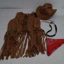ATAMET Western Cowgirl Outfits for Women Cowgirl Fringe Vest Cowboy Hat Necklace Bandana,70s Hippie Costume for Halloween (Medium, Brown)