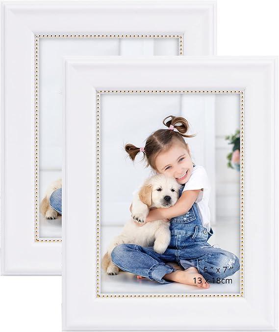 GraduationMall Photo Frame 7x5 Landscape Picture Frames for Home Family Decor,2 Pack Real Glass White with Gold Beading Wall & Tabletop