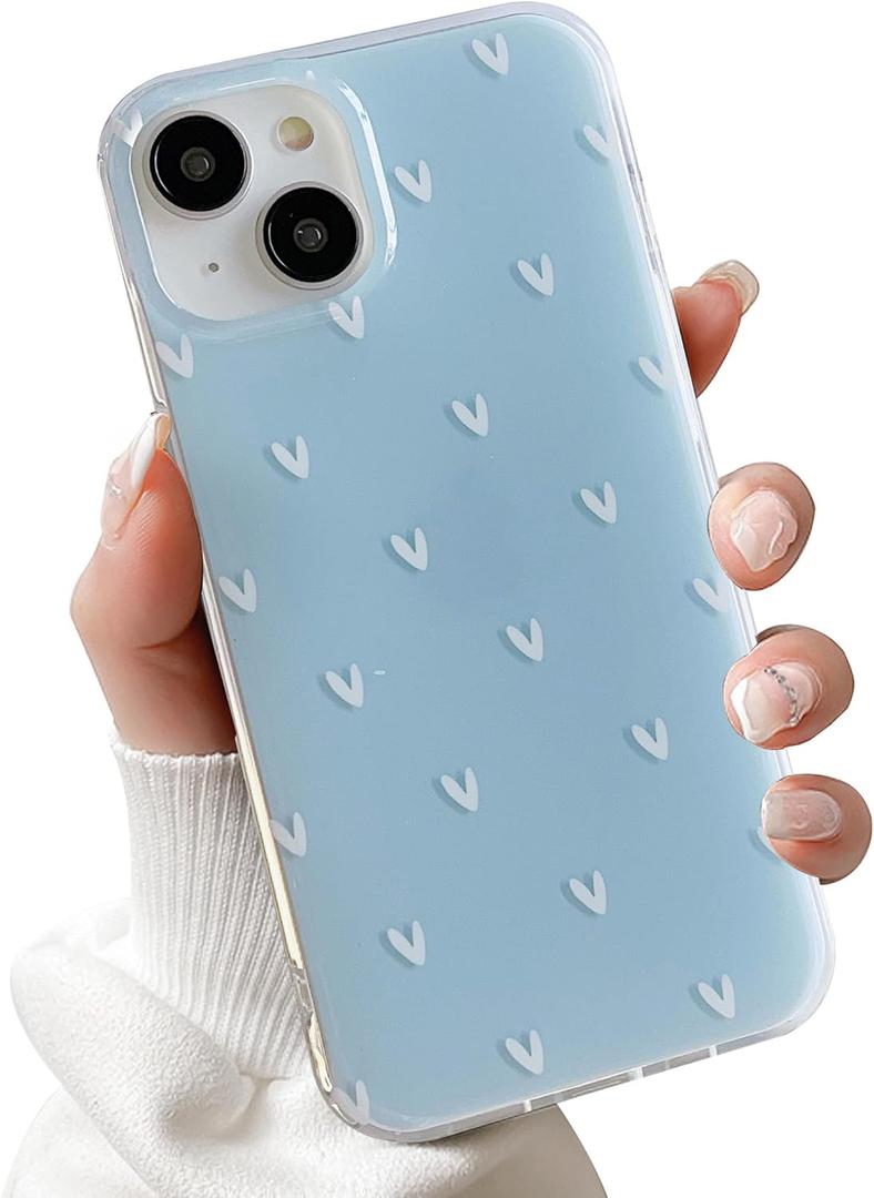 for iPhone 13/14 Case Cute Heart Polka Dot Simple Phone Case Wear IMD Slim Protection Crove for Women Girls-Blue White Heart