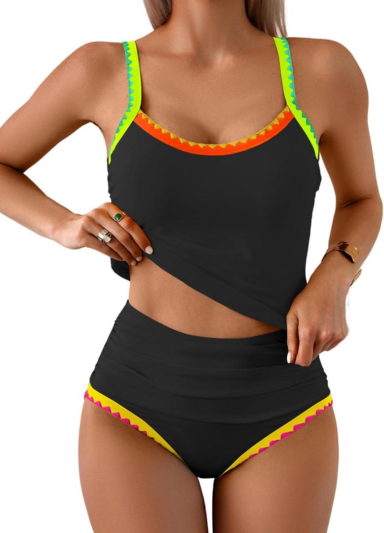 Eomenie Tankini Swimsuit for Women Tummy Control Ruched Two Piece Bathing Suits High Waisted Shell Stitch Swimwear (Medium, Black&colorful Trims)