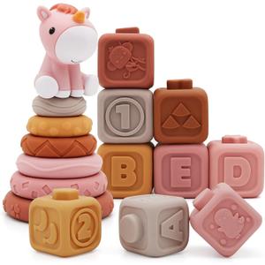 Nueplay 13 Pcs Building Circle & Blocks, Stacking & Nesting Baby Toys with Horse Figure, Newborn Essentials Squeeze Teething Toy Gifts for 6 12 18 Months Baby Toddler Girls