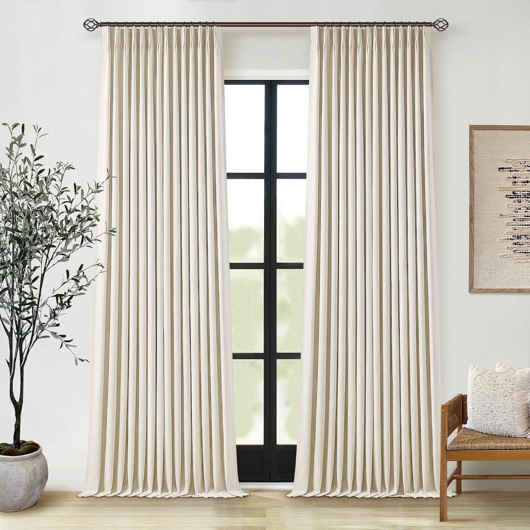 Pleated Cream Beige Linen Blackout Curtains for Bedroom 90 Inch Length 2 Panels Pinch Pleat Back Tab Neutral Farmhouse Living Room Darkening Curtains Track System Thermal Insulated Black Out Drapes (40"W x 90"L (Pack of 2))