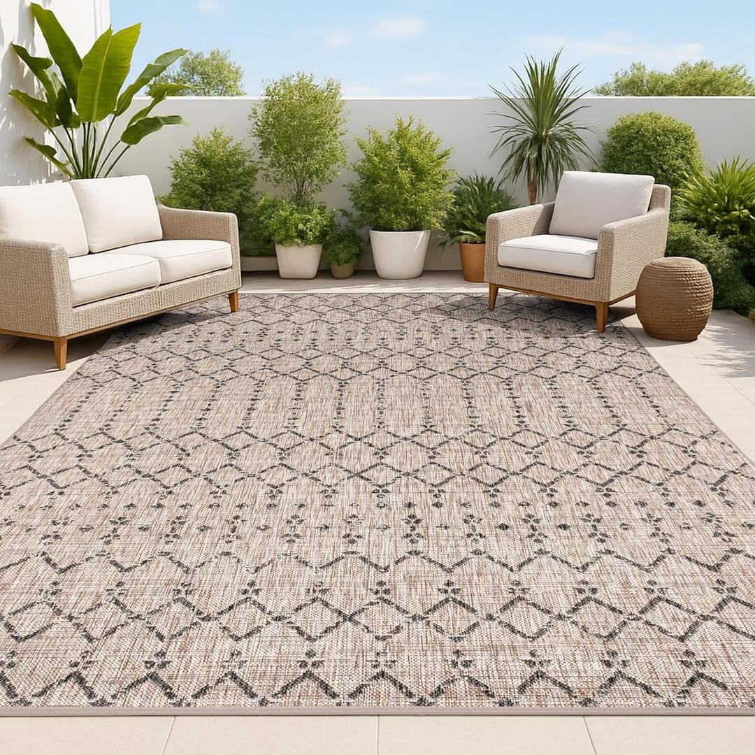 JONATHAN Y Moroccan Geometric Indoor Outdoor Area Rug 8X10 Natural/Black, Ourika Textured Weave for Backyard, Patio, Porch, Easy-Cleaning, High Traffic, Pet-Friendly, Non-Shedding (SMB108D-8) (7'9" x 10' (Rectangular))